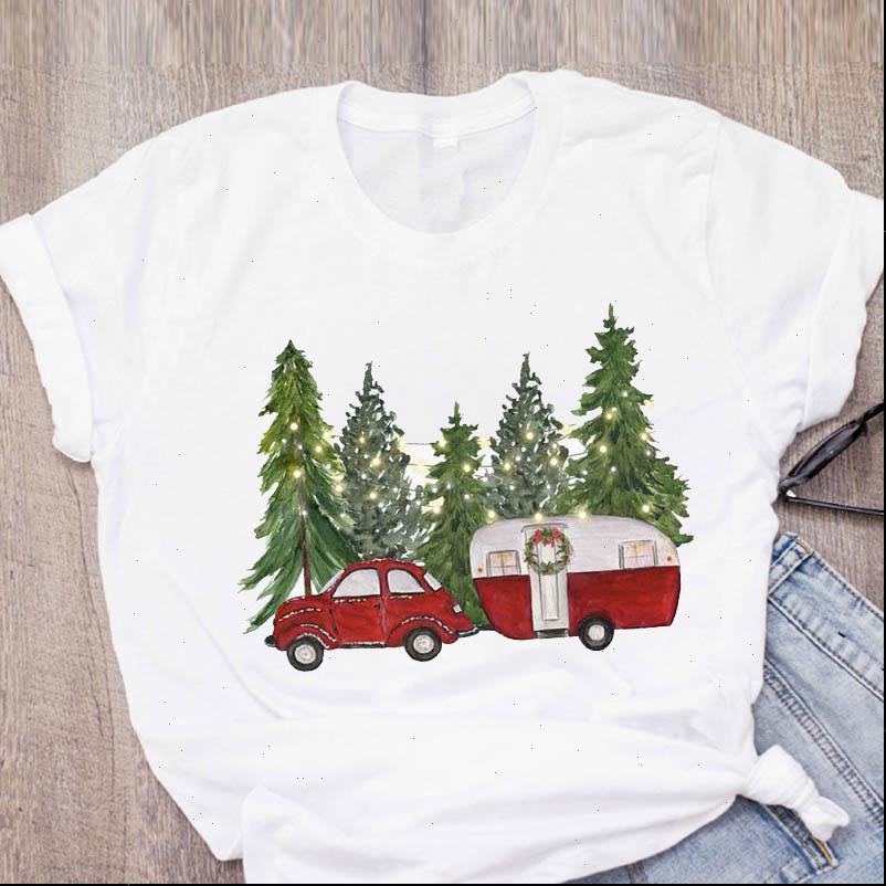 

Women Graphic T Shirts Cartoon Light Happy Tree Truck 90s Clothes Merry Christmas Tops Lady Tees Clothing Female Shirt, White