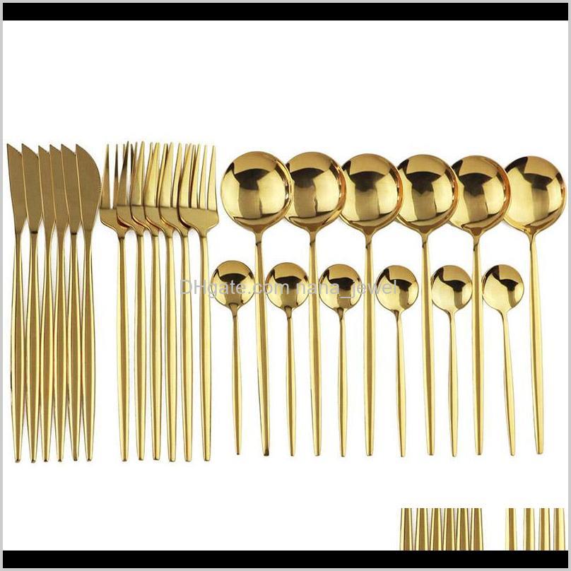 

Sets Kitchen, Dining Bar Home & Garden Drop Delivery 2021 24Pcs Gold Tableware Stainless Steel Dinnerware Knife Fork Spoon Flatware Safe Cutl