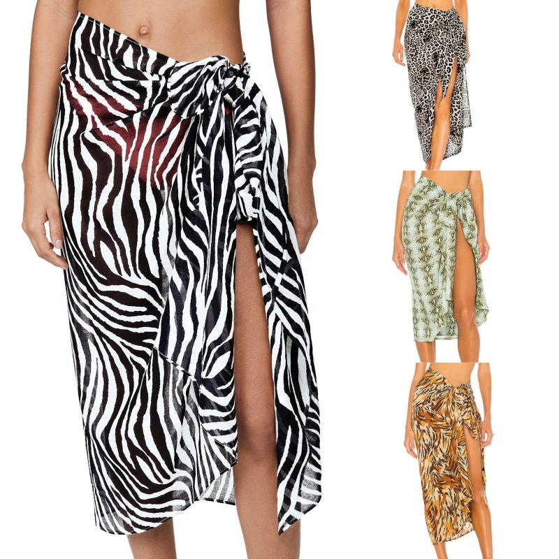 

Beach Cover Up Women Printed Swimsuit Mesh Bikini Skirts Swimwear Dress Sexy Bathing Suit Cover-ups Wrap Skirt Women, White