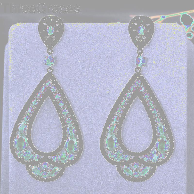 

Dangle & Chandelier ThreeGraces European Style Green CZ Crystal Setting Vintage Long Big Dangling Drop Engagement Party Earring For Women Gi, Silver