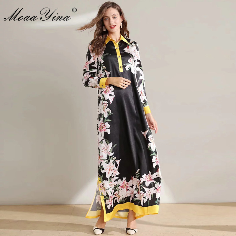 

Fashion Designer Runway dress Autumn Winter Women' Dress Long sleeve lily Floral-Print Black Loose Robe Maxi Dresses 210524