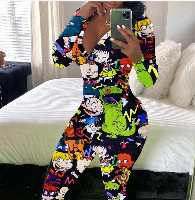 

fall cartoon print jumpsuit womenpant long sleeve deep v neck bodycon stretch leotard romper pajamas christmas, White