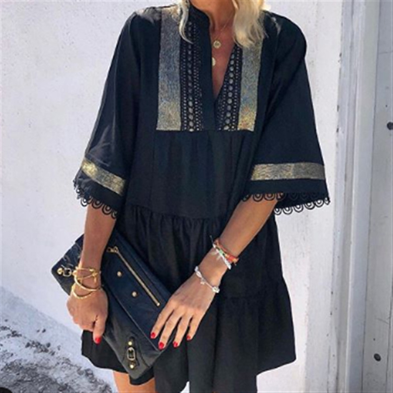 

2021women vintage floral print dress elegant lady v-neck half sleeve dress autumn summer bohemian loose tassel cuffs dress vestidos, Black;gray