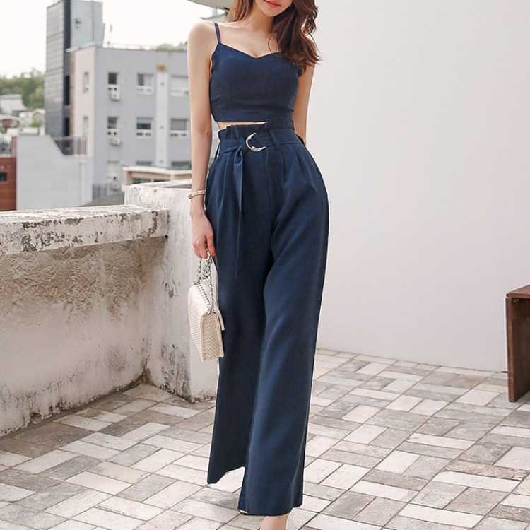 

Women's summer Korean version of the temperament exposed navel sling high waist was thin and loose wide leg pants suit 210603, Royal blue