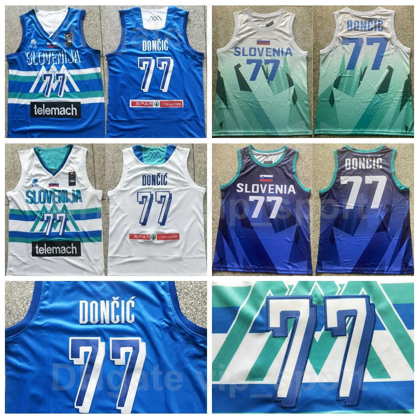 

High/Good National Team Slovenia Luka Doncic Basketball Jersey 77 Men Navy Blue White Color Breathable For Sport Fans Pure Cotton 2021