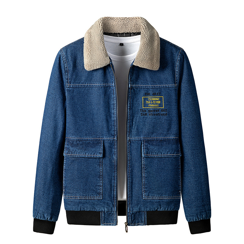 

Men Cotton Denim Jacket Winter Jean Outerwear Warm Lapel Fur Collar Coats Men Large Size Thicker Winter Denim Embroidery Jackets, Black