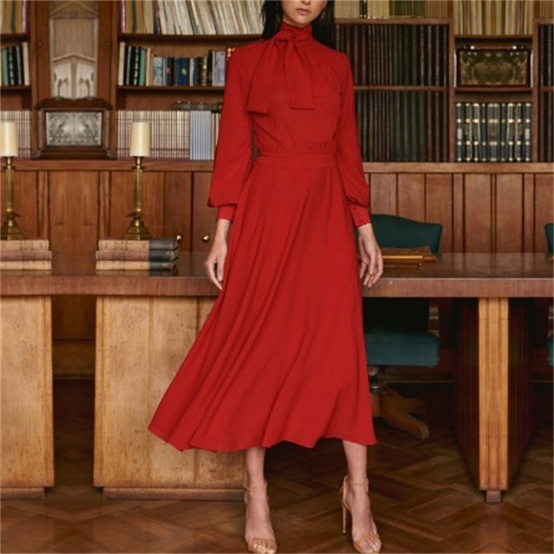 

Spring Elegant Bow Long Sleeve Midi Pleated Dress Women 2020 European Vintgage Runway Dress, Black;gray