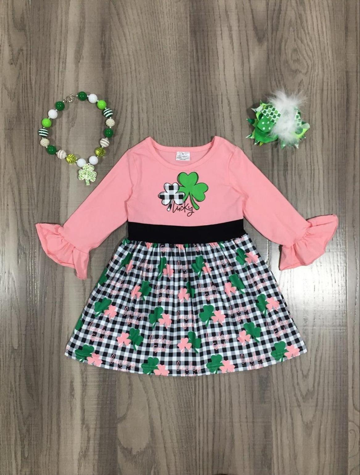 

Spring Girls Shamrock Pink St Girl Dresses Patrick Long Sleeve Plaid, Red;yellow