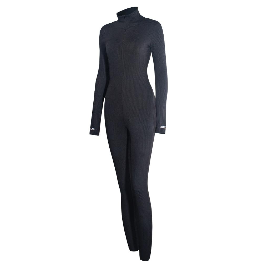 

2011women embroidery zipper high neck bodycon jumpsuit outfit long sleeve rompers ribbed sporty fitness lucky label slim jumpsuit, Black;white