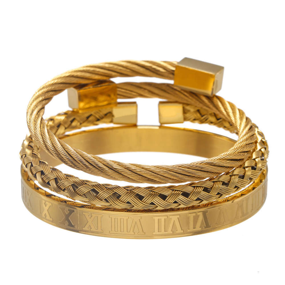 

3pcs/Set Roman Numeral Mens Bracelets Stainless Steel Hemp Rope Punk Bangles Gold Pulseira Bileklik Bracelet Jewelry, Golden;silver