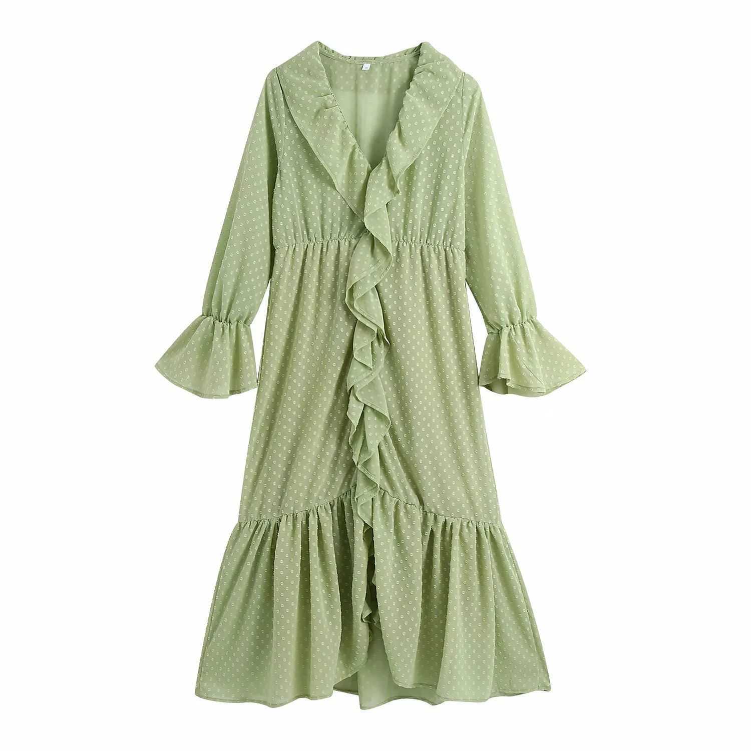 

Women Dress Chiffon Long Sleeves V-Neck Ruffled Long Dress Elegant Lady casual Midi Woman Dresses 210709, Green