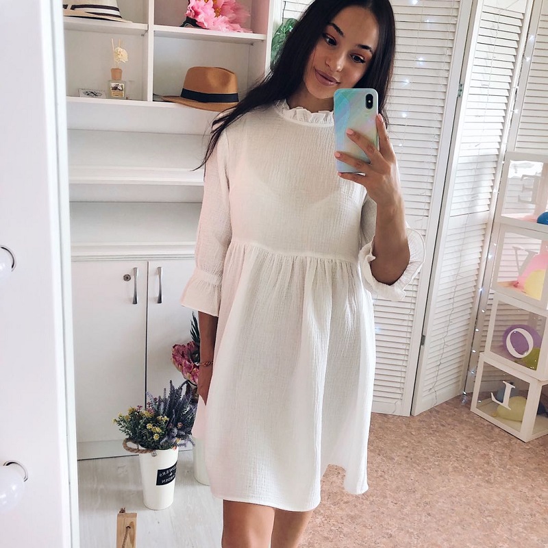 

2021muiches casual stand collar flare sleeve ruffles mini dress woman loose high waist sweet cotton white holiday dress 2021 summer, Black;gray