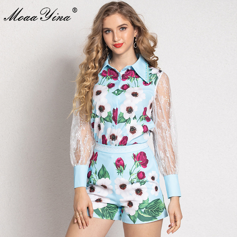 

Fashion Designer Suit Summer Women's Mesh Sequins Long sleeve Blouses Tops+shorts Floral Print Two-piece suit 210524, Sky blue