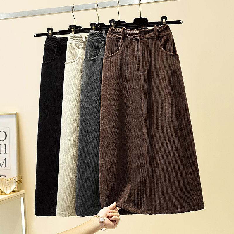 

Loose corduroy skirt fall and female winter medium-length velvet to high-waist line retro fine-tempered mujer faldas y866 5HHY, Gray.