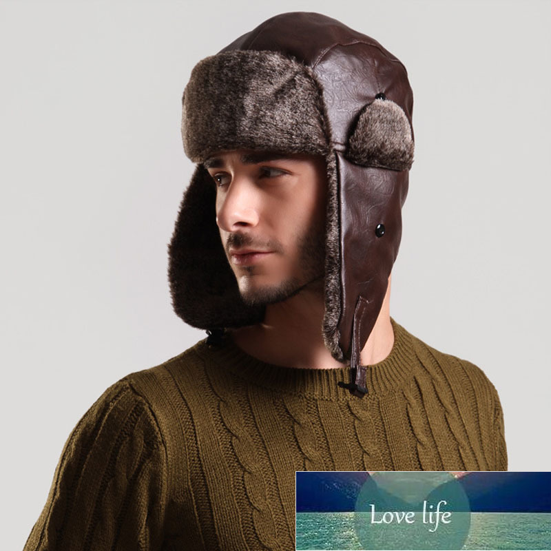 

Bomber Hat with Ear Flap Mens Winter Faux Leather Fur Russian Earflap Trapper Cap Aviator Fleece Beanie Male Factory price expert design Quality Latest Style, Brown