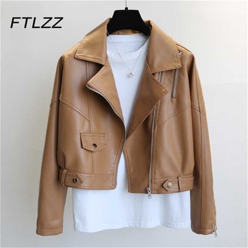 

Streetwear Leather Jacket for Women Fashion Spring Autumn Zipper Biker Motorcycle Faux Leather Coats Ladies Brown PU Outwear 211108, Black