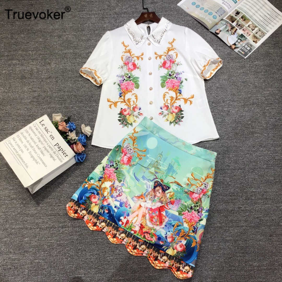 

Truevoker Women Skirt Set High End Short Sleeve Gorgeous Crystal Print Top With Pencil Suit For Party 210602, Multi