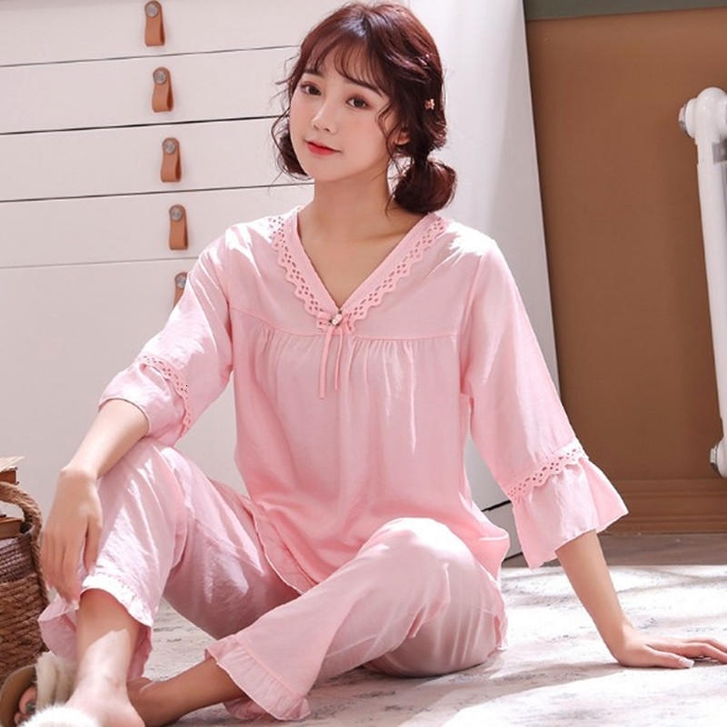 Women&#039;s Sleepwear High Grade Comfortable Tencel Cotton Pajamas Set 3/4 Sleeve Spring Summer Lounge Pijama Suit Loose V-neck Pyjama-image-699668261