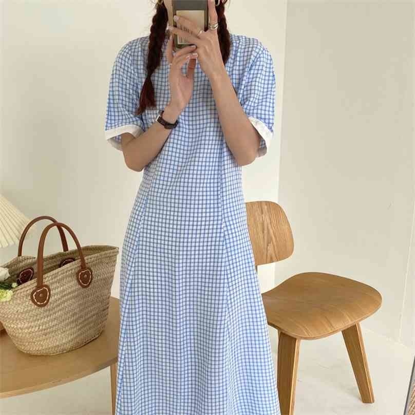 

Summer Short Sleeves Elegance Sweet Plaid Prairie Chic Brief Girls OL All Match Long Dresses Vestidos 210525, Blue
