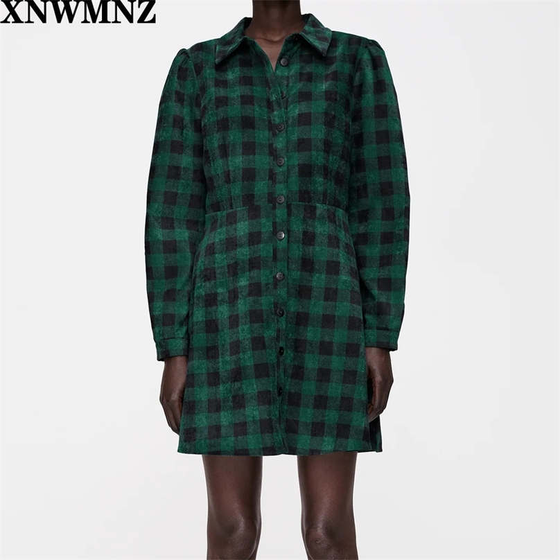 

Women Fashion Corduroy shirt dress vintage long sleeve A-line Lapel Collar Buttons Female Check mini Dresses Mujer 210520, Picture color
