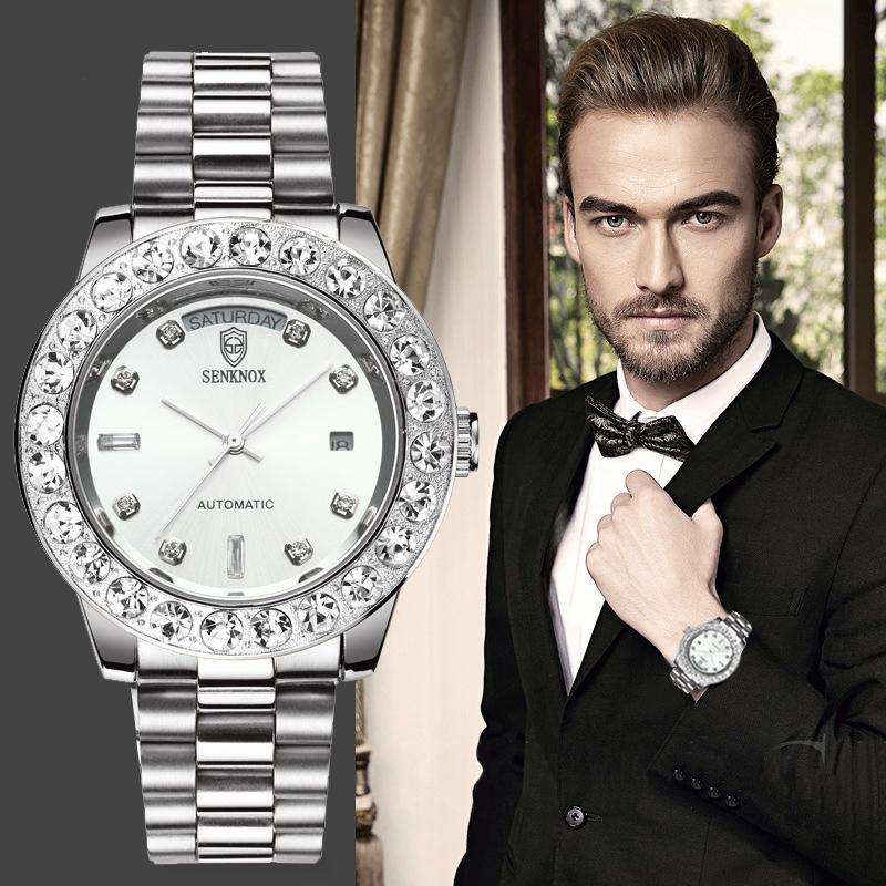 Wristwatches Men Quartz Watch Silver Stainless Steel Band Big Diamond Fashion Mens Top Wrist With Date Week Relogio-image-701825092
