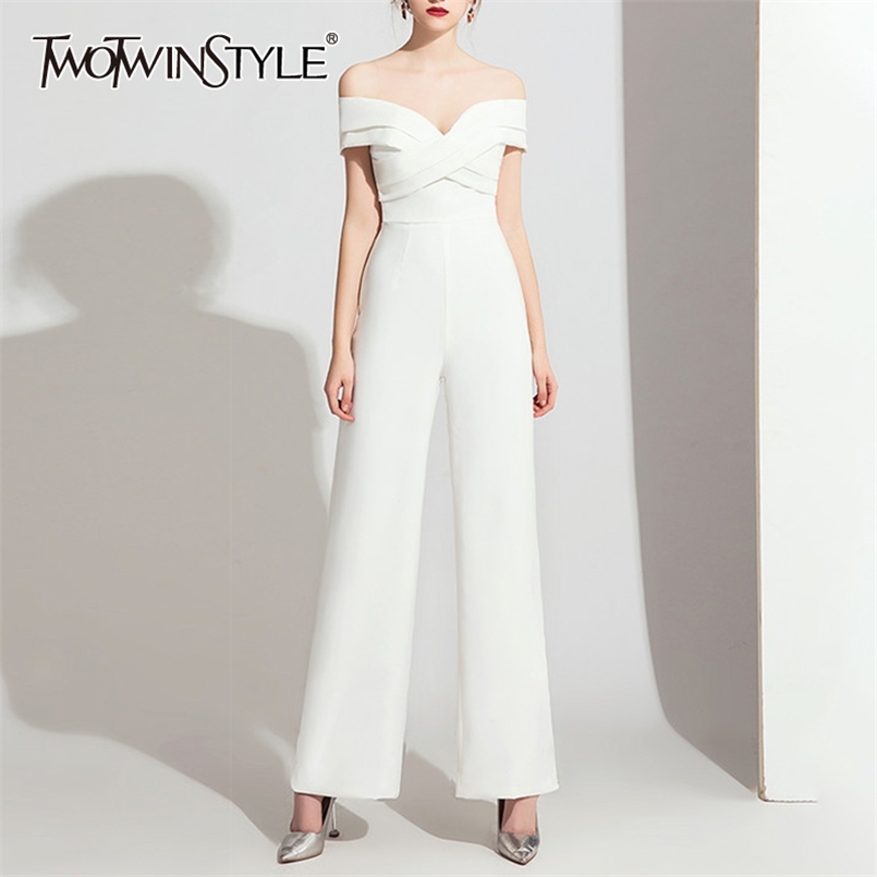 

White Casual Jumpsuit For Women Slash Neck High Waist Wide Leg Pants Solid Elegant Jumpsuits Females Style 210521, Black