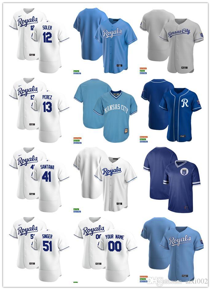 

Men Women Youth Kansas City Royals 13 Salvador Perez 41 Carlos Santana 51 Brady Singer 12 Jorge Soler Custom Baseball Jersey, Blue;black