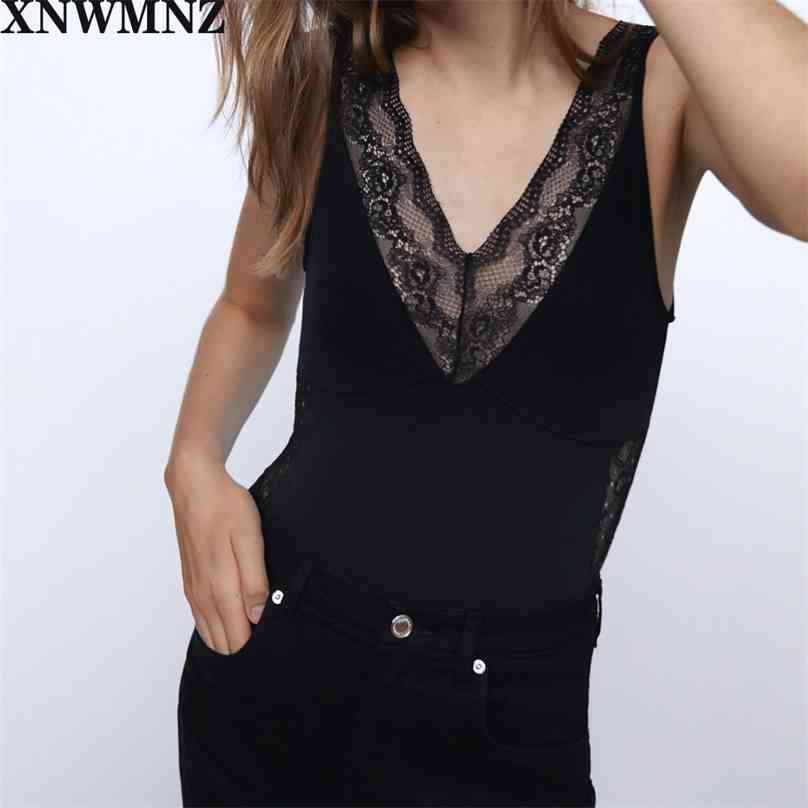 

Women black lace spliced bodysuits sexy deep v neck sleeveless fashion outfits Lady' 210520