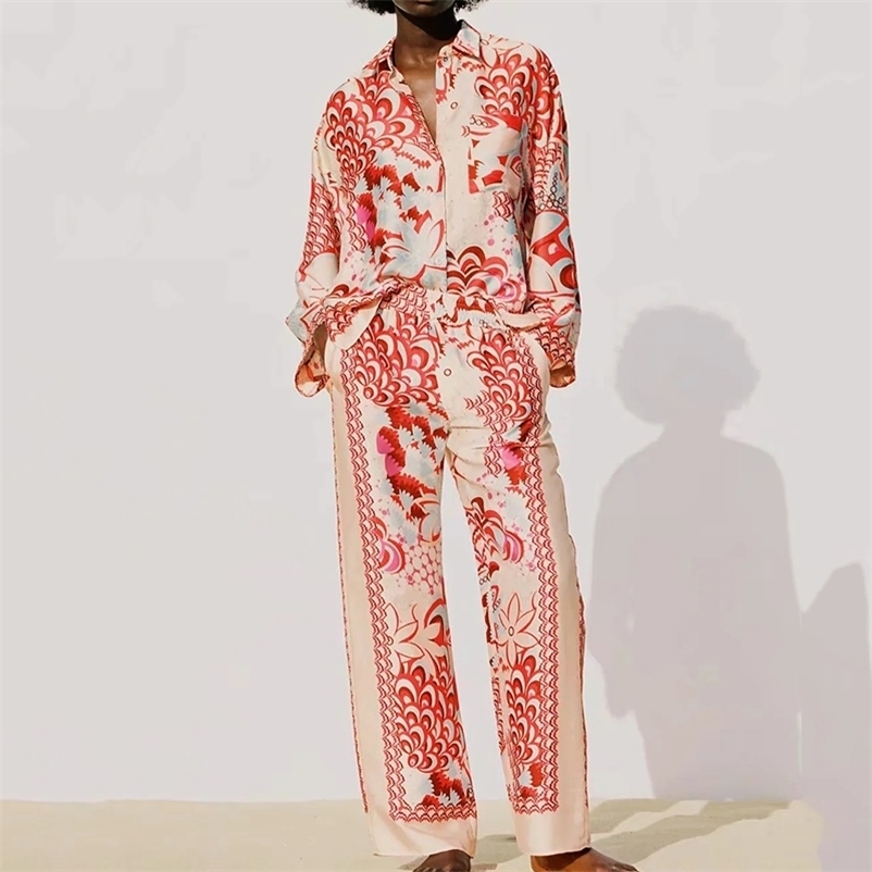

2 pieces set Women printed pants suits long sleeve blouse shirt + wide leg high waist fashion female Chiffon 210524