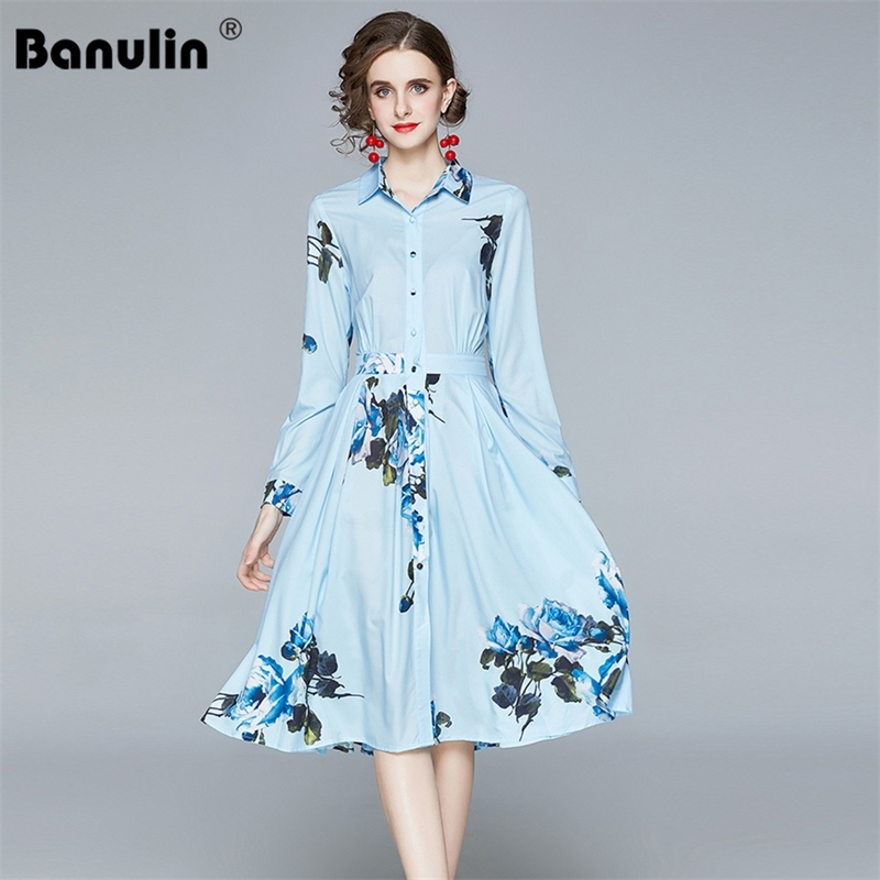 

Banulin Women Summer Dress Autumn Runway Long Sleeve Blue Fresh Floral Print Femme Elegant Midi Shirt Vestidos 210603