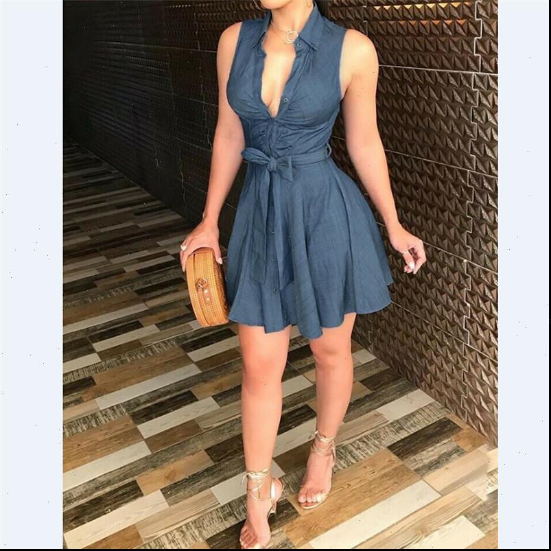 

womens dress women sleeveless denim deep v neck summer mini blue belted party short clothes vestidso, Black;gray