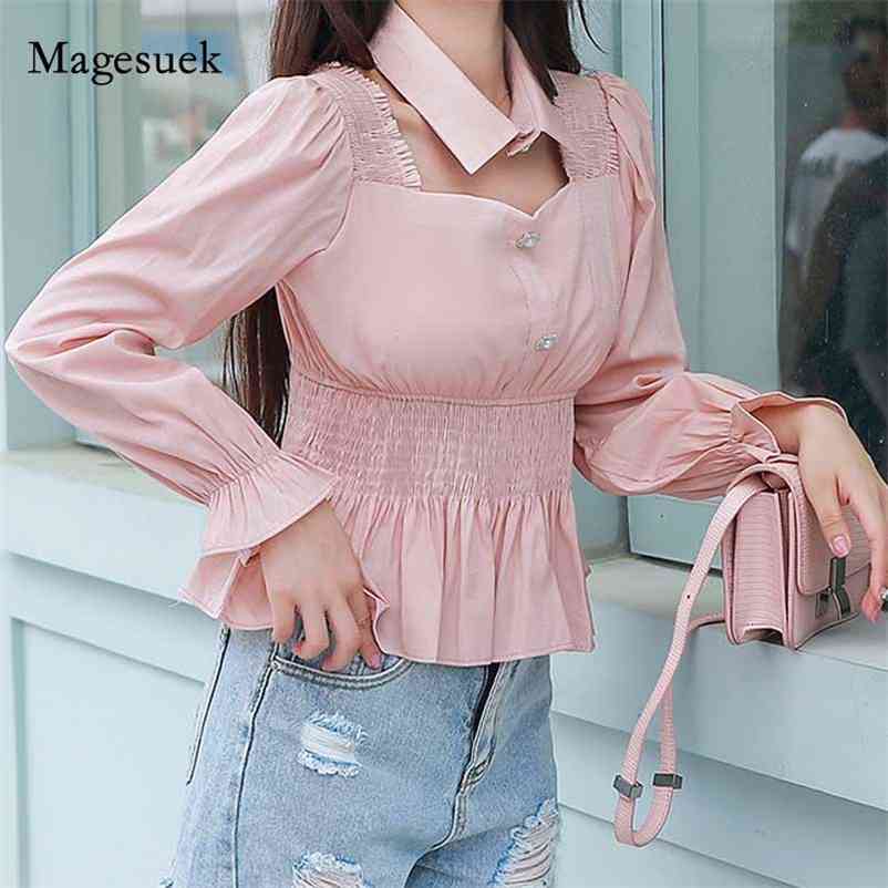 

Casual Puff Long Sleeve Chiffon Shirt for Women Pink Pullover Ladies Tops Elegant Solid Pleated Blouse Autumn 11044 210518, Green