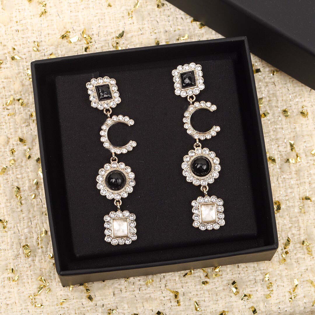 

2022 Top quality long chain charm dangle drop earring with diamond and Black crystal beads for women wedding jewelry gift have box stamp PS7157