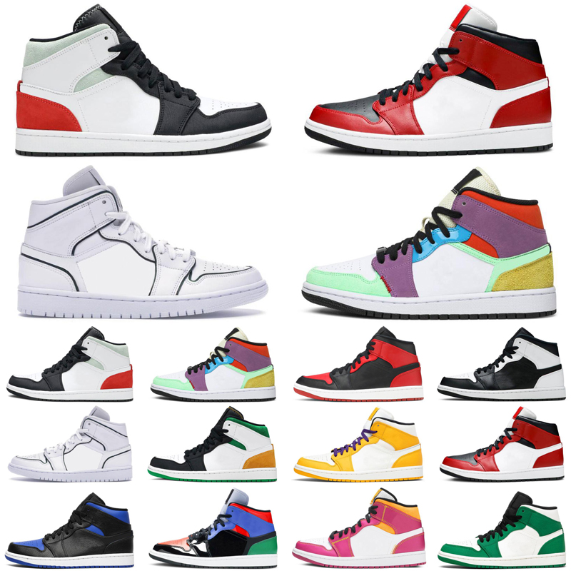 

2021 Mid 1 1s mens basketball shoes Bred Red Black Toe Chicago Iridescent Trim Multicolor UNC Oakland men trainers sports sneakers size 7-12, #1 bred