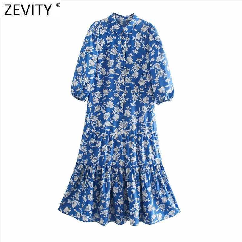 

Zevity Women Vintage Lantern Sleeve Floral Print Hem Pleat Ruffles Shirt Dress Female Chic Breasted Casual Slim Vestidos DS8176 210603, As pic ds8176o