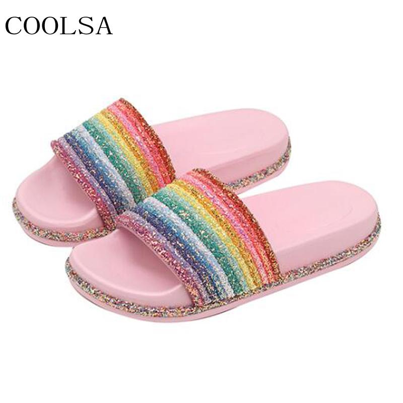 

Slippers Women's Summer Flat Sandals Casual Bright Diamond Bling Rainbow Indoor Home Shoes Outdoor Beach Flip Flops Women Slides, White rainbow a