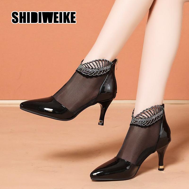 

Boots 2021 Fashion Mesh Woman Summer Shoes Women Mid Heels Sandals Boot Pointed Toe Crystal Footware Female BEIGE BLACK Vb261
