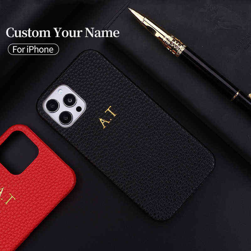 

Personalization Custom Initial Name Pebble Grain Leather Phone Cover For iPhone 12 11 13 Pro X XR XS Max 78 Plus DIY Phone Case H1110