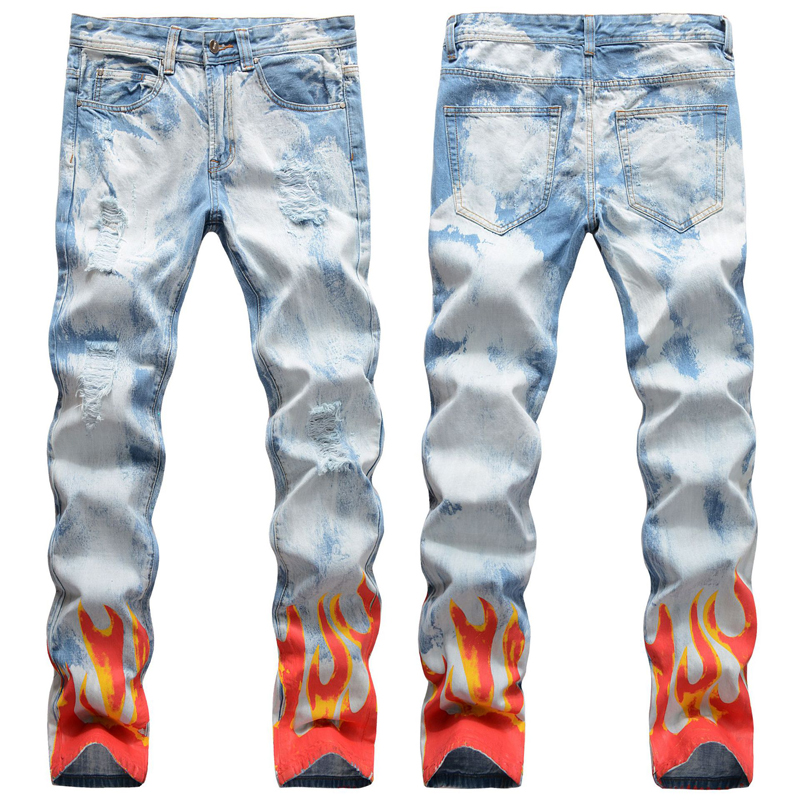

Men Slim Fit Ripped Jeans 3D Printed Hole Destroyed Skinny Straight Leg Washed Frayed Motocycle Denim Pants Hip Hop Stretch Biker Men's Distressed Trousers 1073, Dyl1073