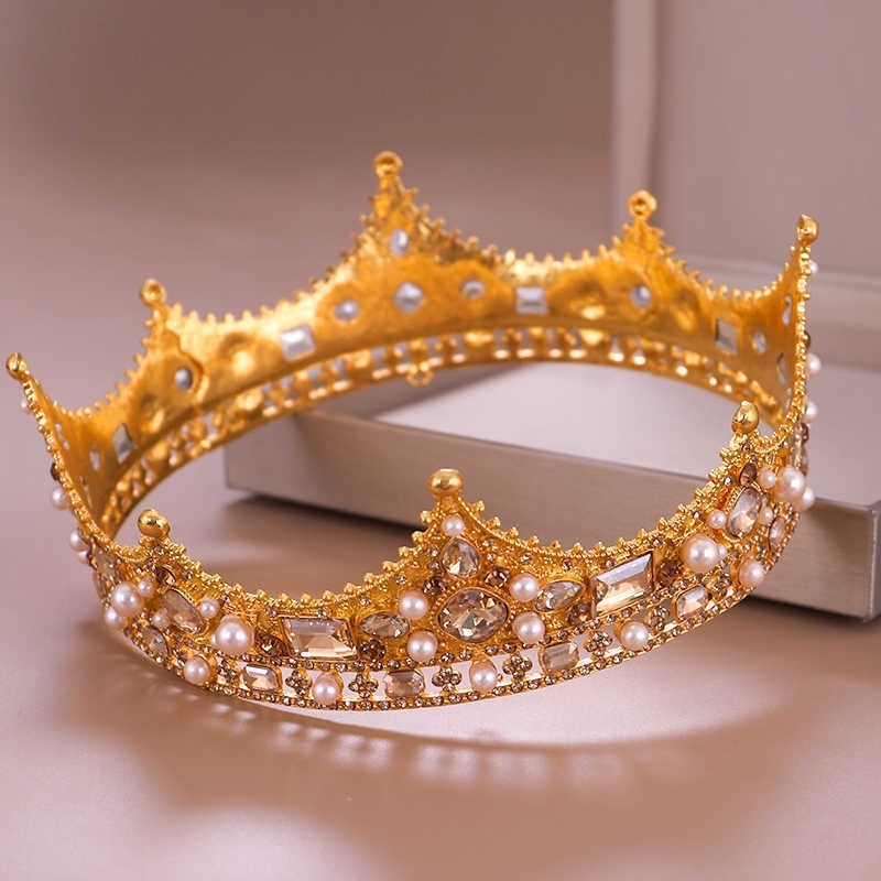 

Crown Royal Vintage Gold Round Tiara Bride Head Jewelry Pearl Crystal Hair Accessories Wedding Crown Ornaments Headband Diadem