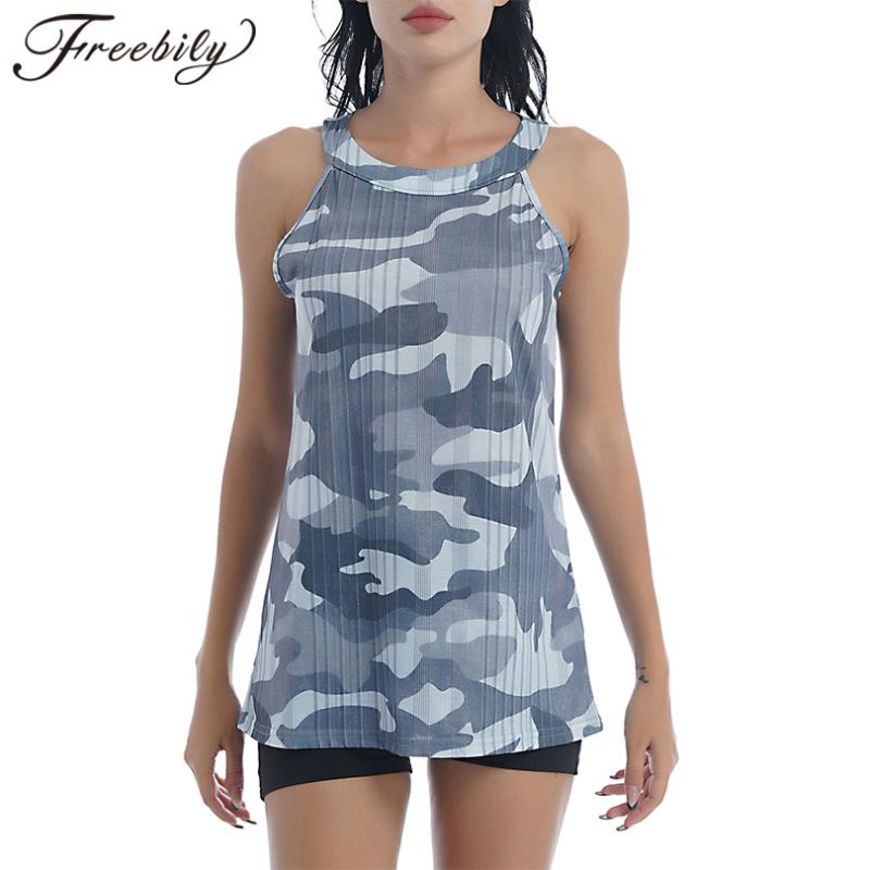 

Running Jerseys Summer Breathable Vests Sport Tops Camouflage Print Women' Sportswear Halter Sleeveless Casual Vest Top Workout Clothes, Blue