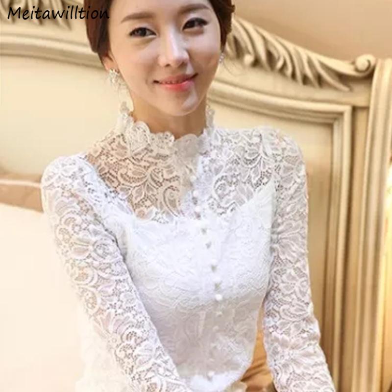 

Women's Blouses & Shirts 2022 Spring Summer Korean Women Lace Stand Collar Hollow Out Ruffle Office Elegant Plus Size Long Sleeve Tops, White