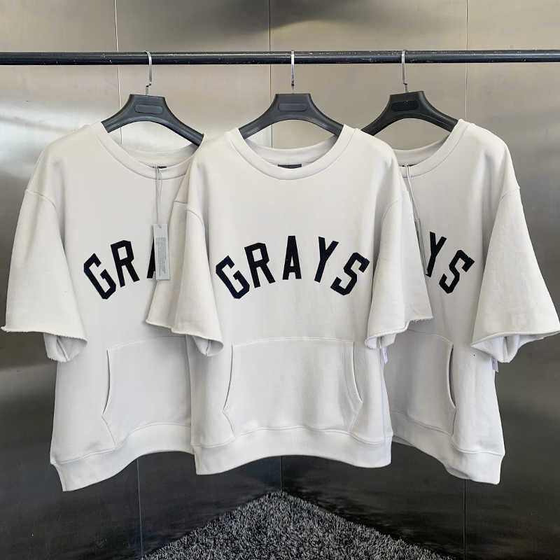 

21ss Feel of God Season 7 main line grays letter half sleeve profile fog high street flocked round neck sweater trend, White