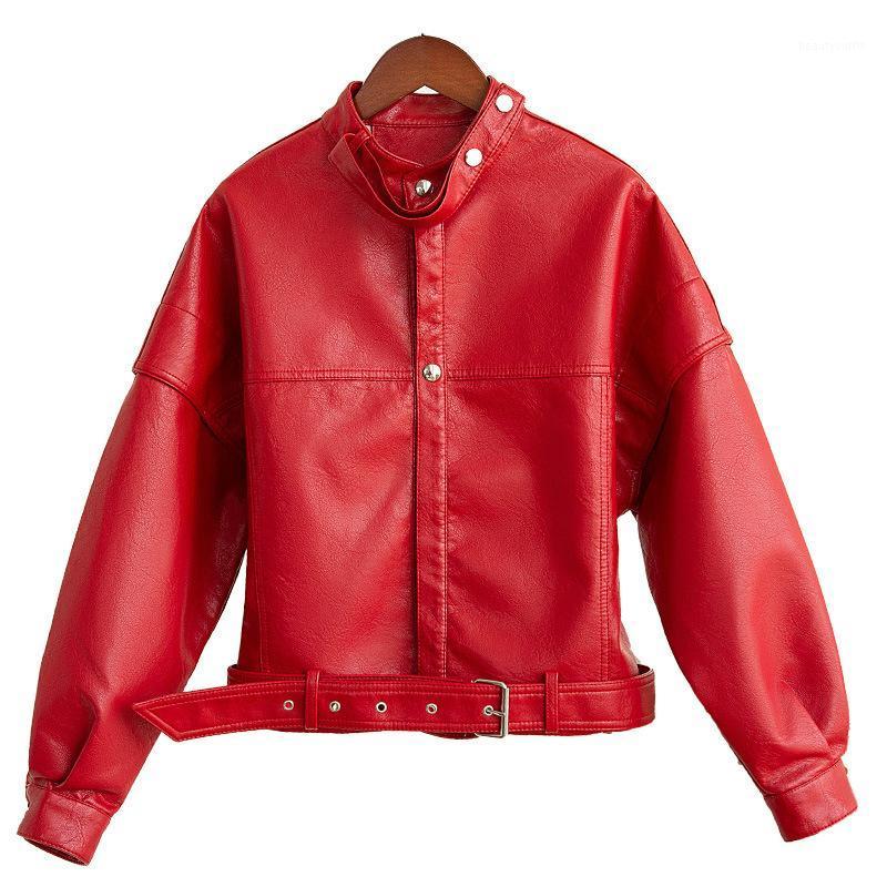 

Women' Autumn Spring Pu Leather Jacket Korean Style Solid Short Faux Coat Stand Colld With Sashes Casual Outwear, Beige