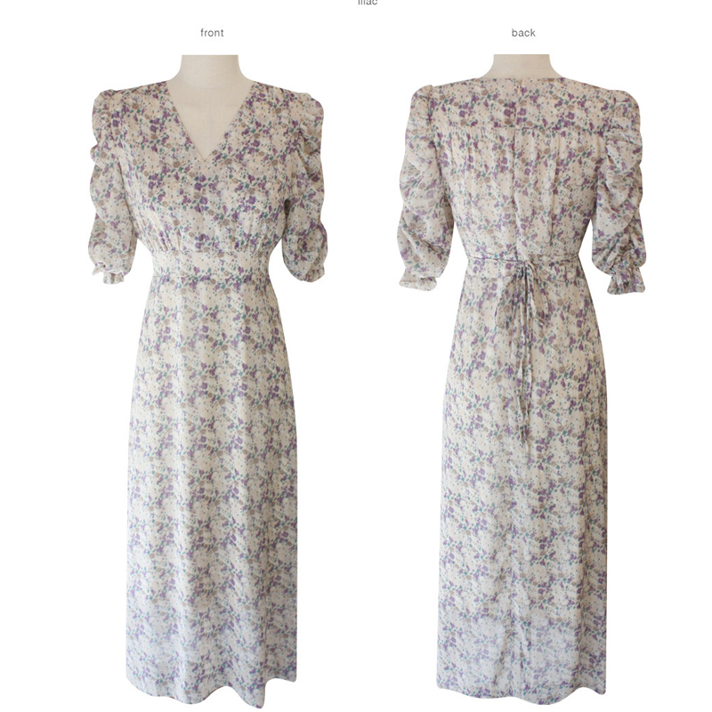 

20212021 summer korean style elegant dress vintage floral print high waist v-neck short sleeve fashion casual ankle-length dresses, Black;gray