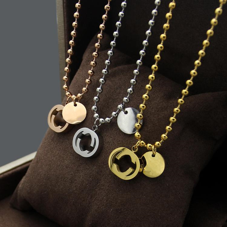 

Europe America Fashion Style Lady Necklace Titanium steel 18K Gold Round Beads Chain Necklaces With Hollow Out Engrave Letter Double Pendants