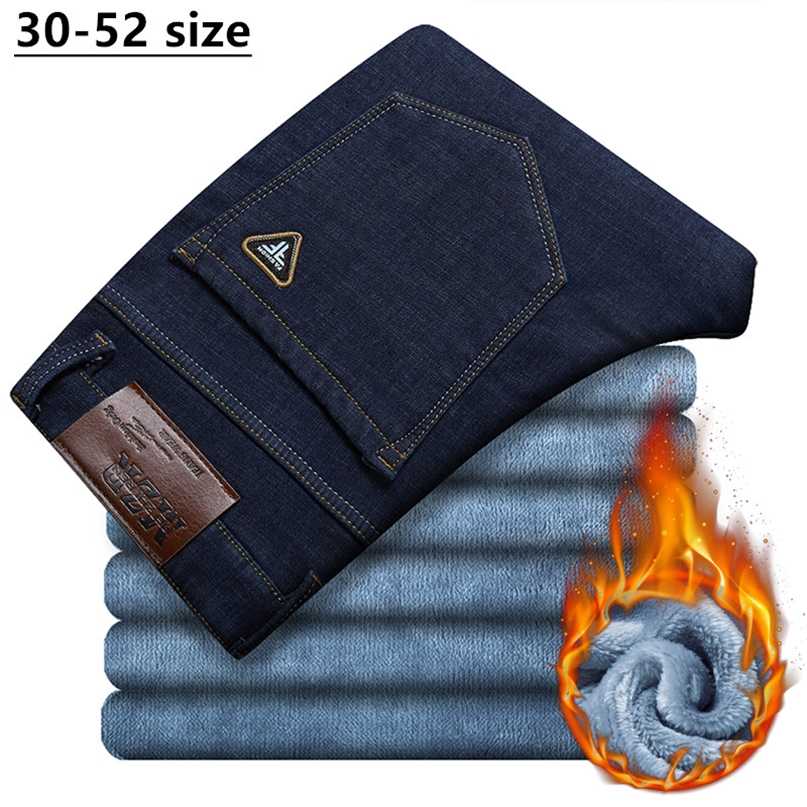 

Plus Size 42 44 48 50 52 Men's Winter Warm Jeans Business Casual Blue Black Straight Loose Denim Trousers Male Brand Pants 211108, 9892-blue black