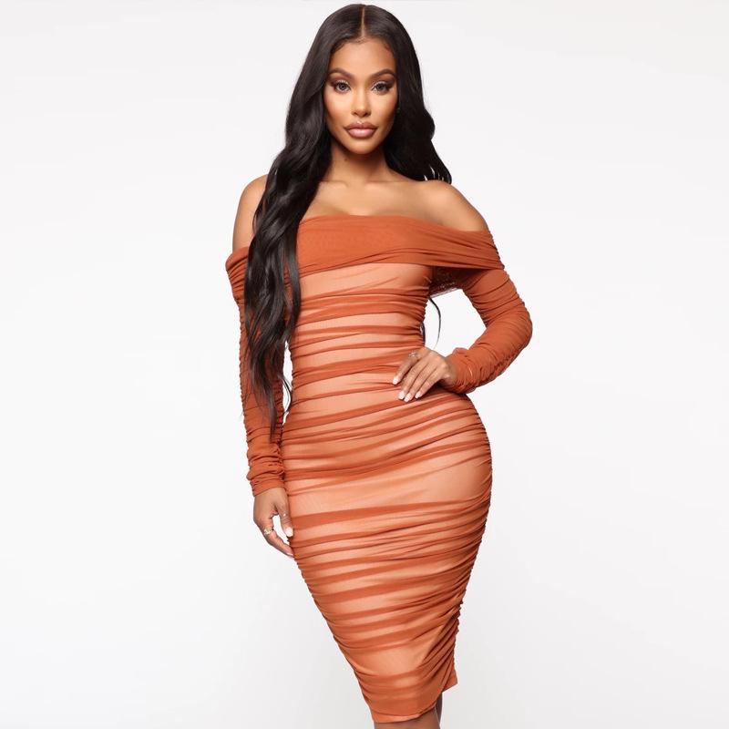

Casual Dresses Echoine Women Mesh Slash Neck Long Sleeve Zipper Pleated Dress Sexy Bodycon Evening Party Club Vestidos Graceful Female Cloth, Brown