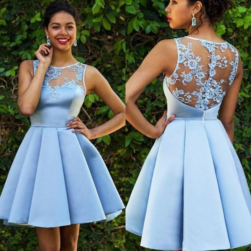 

2021 New Sexy Sky Blue Short Prom Dresses Jewel Sleeveless Lace Appliques Satin Ruffle Cooktail Dress Special Occasion Homecoming Gown, Water melon