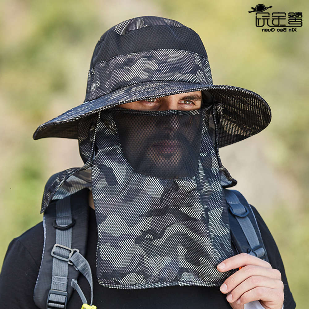 

9012 sunscreen hat men's fishing camouflage sunshade cover face summer outdoor fisherman's sun, Blue;gray